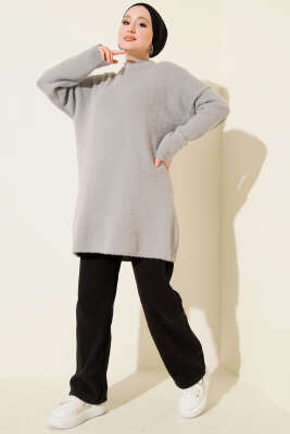 Bisiklet Yaka Sakal Detaylı Kazak Gri - Triko Kazak