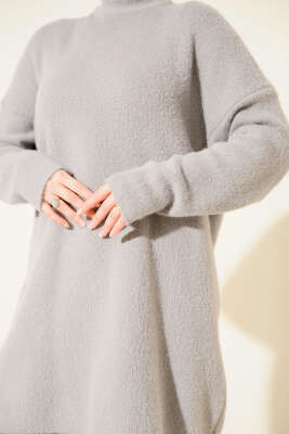 Bisiklet Yaka Sakal Detaylı Kazak Gri - Triko Kazak