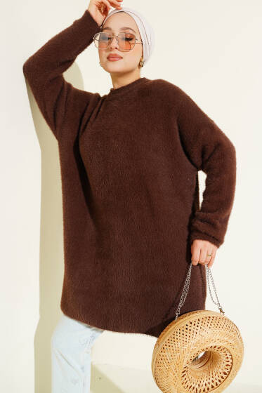 Bisiklet Yaka Sakal Detaylı Kazak Kahve - Triko Kazak