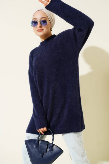 Bisiklet Yaka Sakal Detaylı Kazak Lacivert - Triko Kazak