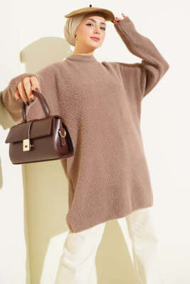 Bisiklet Yaka Sakal Detaylı Kazak Vizon - KILIÇ TRİKO