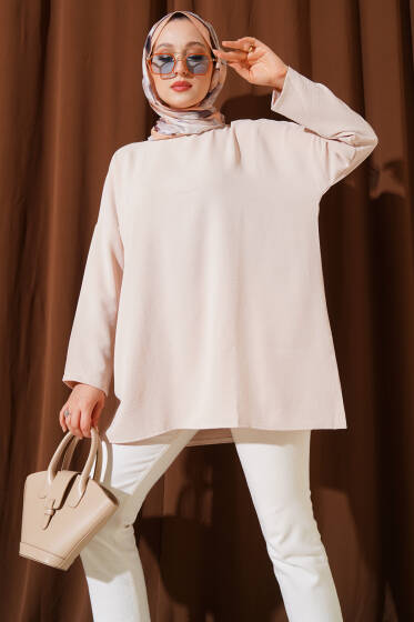 Bisiklet Yaka Salaş Tunik Bej - Tunik