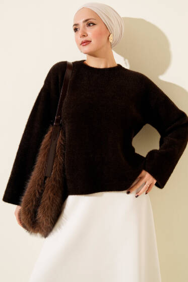 Bisiklet Yaka Salaş Sakallı Kazak Kahve - Triko Kazak