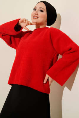 Bisiklet Yaka Salaş Sakallı Kazak Kırmızı - Triko Kazak