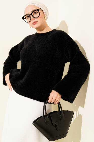 Bisiklet Yaka Salaş Sakallı Kazak Siyah - Triko Kazak