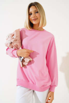 Bisiklet Yaka Salaş Sweatshirt Pembe - Kadın Giyim Modelleri