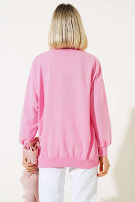 Bisiklet Yaka Salaş Sweatshirt Pembe - Kadın Giyim Modelleri