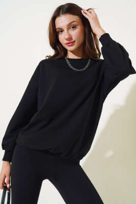 Bisiklet Yaka Salaş Sweatshirt Siyah 