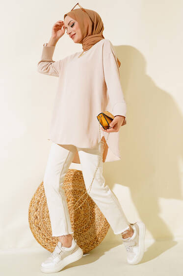 Bisiklet Yaka Salaş Tunik Bej - Tunik