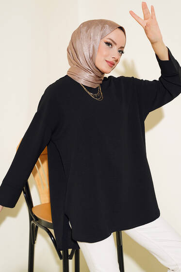 Bisiklet Yaka Salaş Tunik Siyah - Tunik