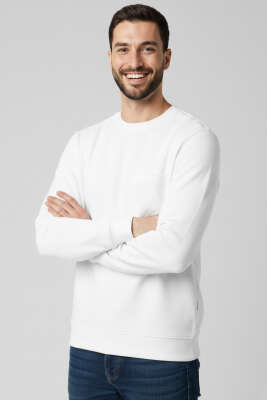 Bisiklet Yaka Şardonlu Üç İplik Erkek Sweatshirt Beyaz 