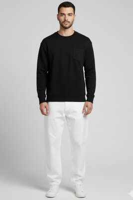 Bisiklet Yaka Şardonlu Üç İplik Erkek Sweatshirt Siyah - Erkek Sweatshirt