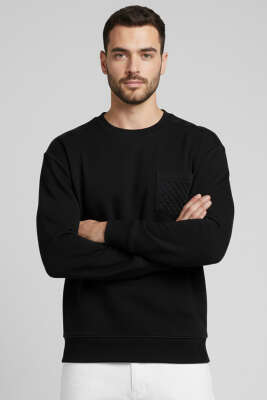 Bisiklet Yaka Şardonlu Üç İplik Erkek Sweatshirt Siyah 