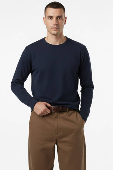 Bisiklet Yaka Scuba Erkek Sweatshirt Lacivert - Erkek Sweatshirt