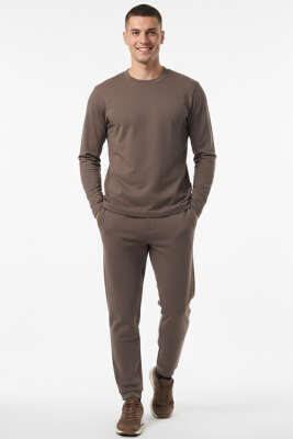 Bisiklet Yaka Scuba Erkek Sweatshirt Vizon - Erkek Sweatshirt