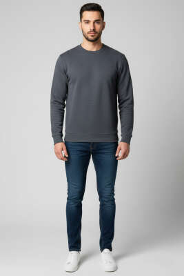 Bisiklet Yaka Selanik Erkek Sweatshirt Füme - Yeni Erkek Giyim