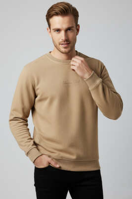 Bisiklet Yaka Süet Erkek Sweatshirt Latte 