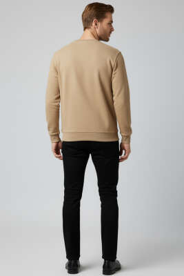 Bisiklet Yaka Süet Erkek Sweatshirt Latte - Erkek Sweatshirt