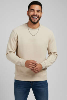 Bisiklet Yaka Süet Erkek Sweatshirt Taş - Erkek Sweatshirt