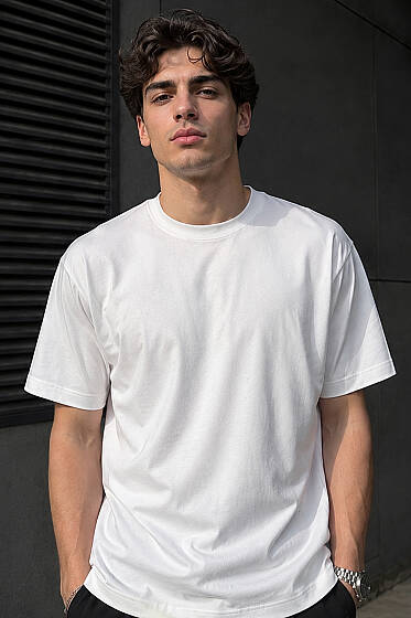 Bisiklet Yaka Süprem Erkek T-shirt Beyaz - Erkek Bisiklet Yaka Tişört