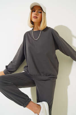 Bisiklet Yaka Sweatshirt İkili Takım Füme - Kadın Giyim Modelleri