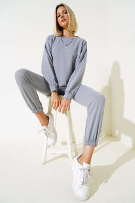 Bisiklet Yaka Sweatshirt İkili Takım Kayrak Grisi - Kadın Giyim Modelleri