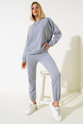 Bisiklet Yaka Sweatshirt İkili Takım Kayrak Grisi - Kadın Giyim Modelleri