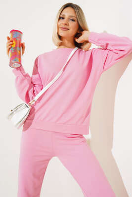 Bisiklet Yaka Sweatshirt İkili Takım Pembe - Kadın Giyim Modelleri