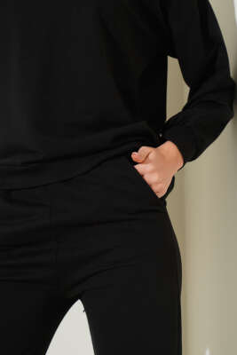 Bisiklet Yaka Sweatshirt İkili Takım Siyah - Kadın Giyim Modelleri