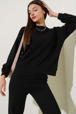 Bisiklet Yaka Sweatshirt İkili Takım Siyah - Kadın Giyim Modelleri