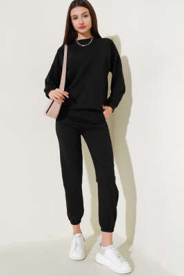 Bisiklet Yaka Sweatshirt İkili Takım Siyah 