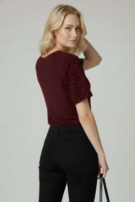 Bisiklet Yaka Taşlı T-shirt Bordo - Kadın Giyim Modelleri