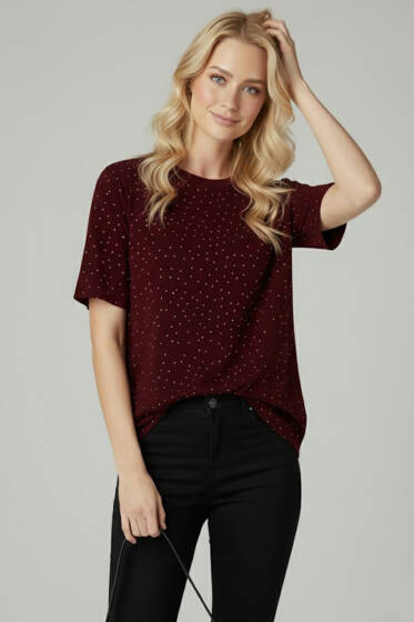 Bisiklet Yaka Taşlı T-shirt Bordo - Kadın Giyim Modelleri