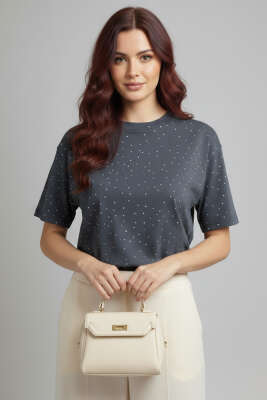 Bisiklet Yaka Taşlı T-shirt Füme - CALİENTE