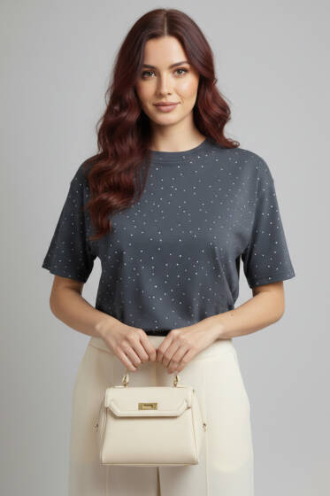 Bisiklet Yaka Taşlı T-shirt Füme - Kadın Giyim Modelleri