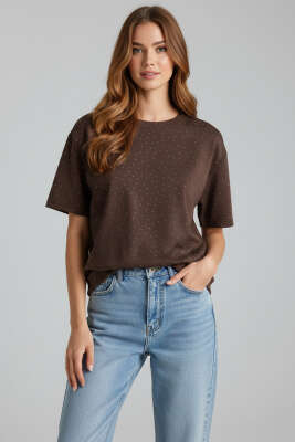 Bisiklet Yaka Taşlı T-shirt Kahve - CALİENTE