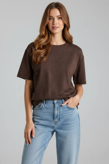 Bisiklet Yaka Taşlı T-shirt Kahve - Kadın Giyim Modelleri