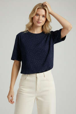 Bisiklet Yaka Taşlı T-shirt Lacivert - CALİENTE