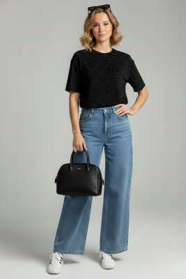 Bisiklet Yaka Taşlı T-shirt Siyah - Kadın Giyim Modelleri