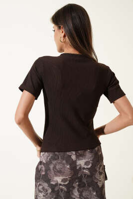 Bisiklet Yaka Tokalı Fitilli Bluz Kahve - Kadın Giyim Modelleri