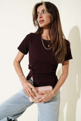 Bisiklet Yaka Tokalı Fitilli Bluz Mürdüm - CALİENTE