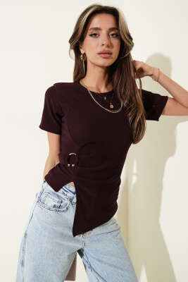 Bisiklet Yaka Tokalı Fitilli Bluz Mürdüm - Kadın Giyim Modelleri