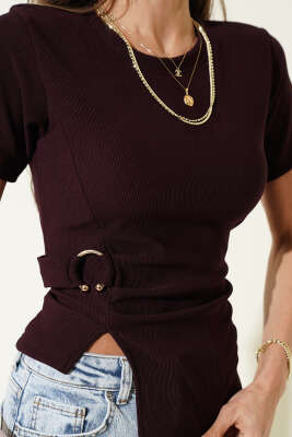 Bisiklet Yaka Tokalı Fitilli Bluz Mürdüm - Kadın Giyim Modelleri