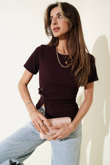 Bisiklet Yaka Tokalı Fitilli Bluz Mürdüm - Yılın Fırsatı