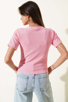 Bisiklet Yaka Tokalı Fitilli Bluz Pembe - Kadın Giyim Modelleri