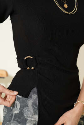 Bisiklet Yaka Tokalı Fitilli Bluz Siyah - Kadın Giyim Modelleri