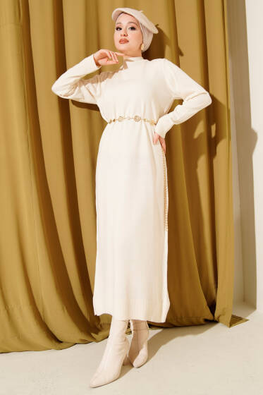 Bisiklet Yaka Triko Basic Elbise Bej - Elbise