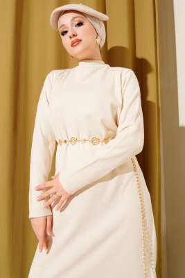 Bisiklet Yaka Triko Basic Elbise Bej - Elbise