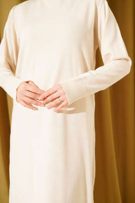 Bisiklet Yaka Triko Basic Elbise Bej - Elbise