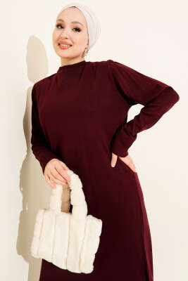Bisiklet Yaka Triko Basic Elbise Bordo - HELLIE